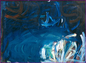 An abstract painting of vigourous strokes of blue , white, red and blue